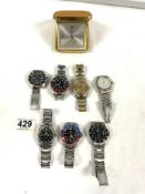 SEVEN GENTS COPY WRIST WATCHES AND A SWIZA 8 TRAVEL CLOCK.