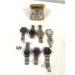 SEVEN GENTS COPY WRIST WATCHES AND A SWIZA 8 TRAVEL CLOCK.