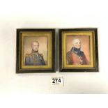 TWO PAINTED PORTRAIT MINATURES OF MILITARY GENTLEMEN IN FRAMES; 8X10.