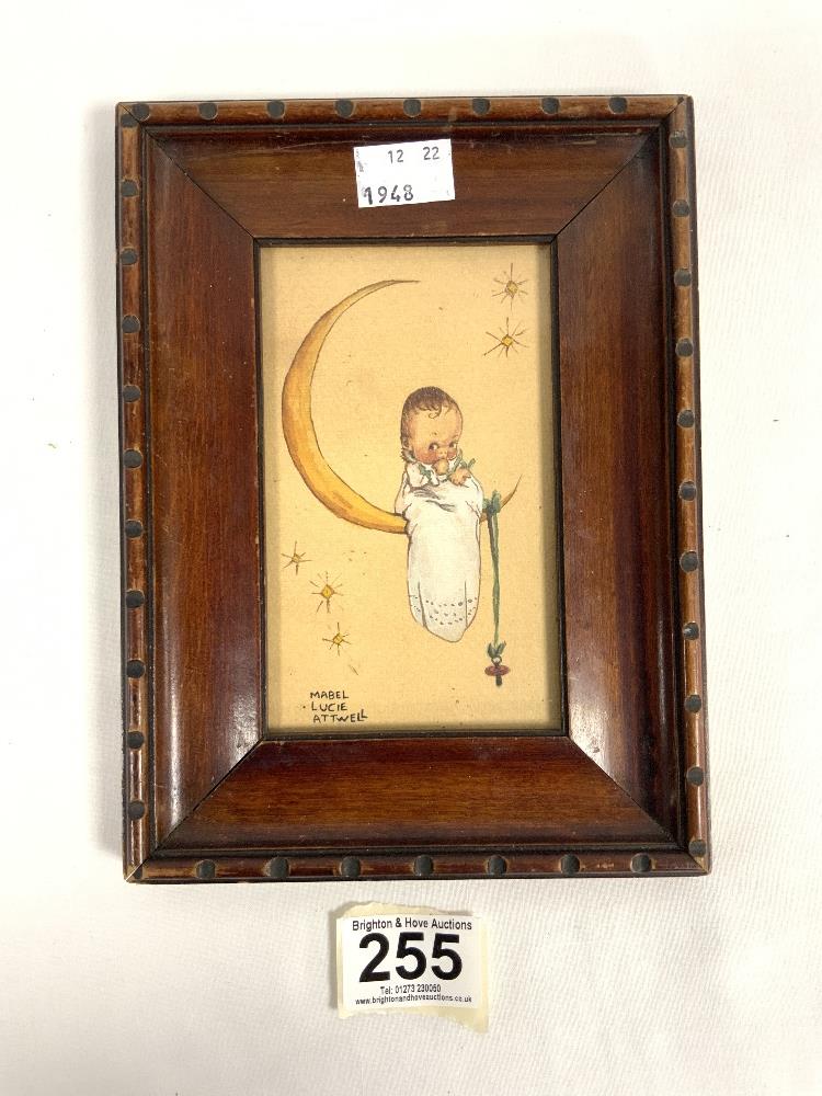 MABEL LUCIE ATTWELL WATERCOLOUR - BABY ON CRESCENT MOON. SIGNED, 8 X 13.