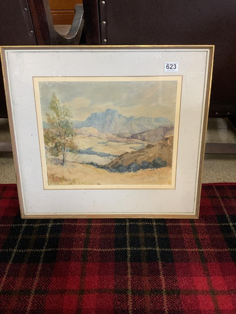 MAURICE FEARNS SIGNED WATERCOLOUR MOUNTAINOUS SCENE FRAMED AND GLAZED 58 X 53 CM