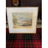 MAURICE FEARNS SIGNED WATERCOLOUR MOUNTAINOUS SCENE FRAMED AND GLAZED 58 X 53 CM