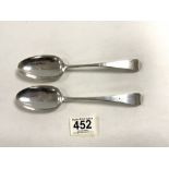 PAIR OF GEORGE IV HALLMARKED SILVER TABLESPOONS; LONDON 1827; MAKER WILLIAM SEAMAN; 93 GMS