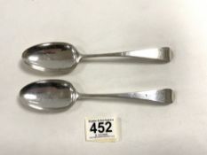 PAIR OF GEORGE IV HALLMARKED SILVER TABLESPOONS; LONDON 1827; MAKER WILLIAM SEAMAN; 93 GMS