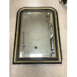 A VICTORIAN BLACK AND GILT PAINTED OVERMANTLE MIRROR, 80 X 112.