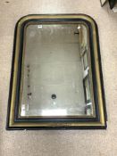 A VICTORIAN BLACK AND GILT PAINTED OVERMANTLE MIRROR, 80 X 112.