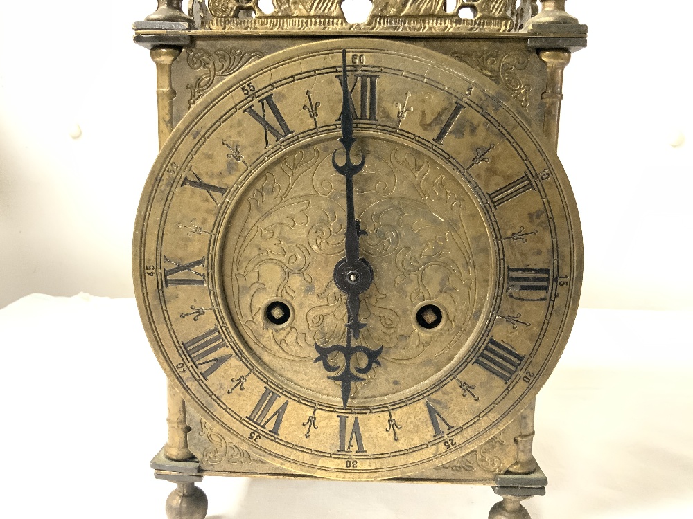 A LARGE BRASS LANTERN CLOCK WITH A GERMAN STRIKING MOVEMENT AND ENGRAVED CHAPTER RING, 36CMS. - Image 2 of 4