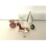 A STUDIO GLASS FIGURE OF A PENGUIN;19CMS, GLASS FIGURE OF A DEER, CHAMPAGNE GLASS, PINK GLASS BOWL