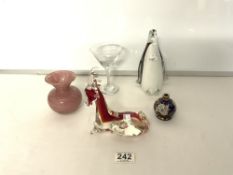 A STUDIO GLASS FIGURE OF A PENGUIN;19CMS, GLASS FIGURE OF A DEER, CHAMPAGNE GLASS, PINK GLASS BOWL