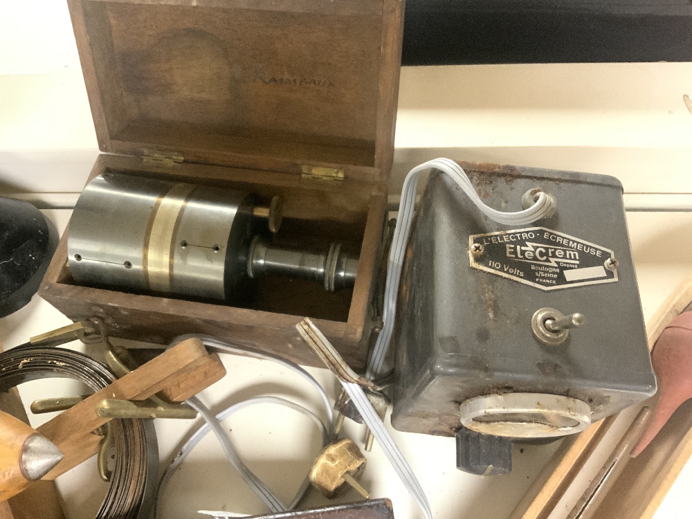 THREE VINTAGE WOOD LOOM SPINNERS, INSTRUMENT IN BOX, SET IRON AND BRASS KITCHEN SCALES ETC. - Image 3 of 7