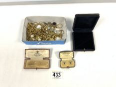 A QUANTITY OF CHAINS, CUFF LINKS, RINGS, AND THREE VINTAGE JEWELLERY BOXES.