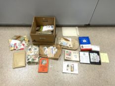 A QUANTITY OF LOOSE STAMPS, USED ENVELOPES, POSTCARDS AND OTHER EPHEMERA.