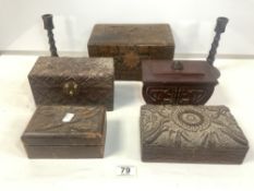 QUANTITY OF CARVED WOODEN BOXES WITH A PAIR OF BARLEY TWIST CANDLESTICKS