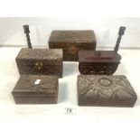 QUANTITY OF CARVED WOODEN BOXES WITH A PAIR OF BARLEY TWIST CANDLESTICKS