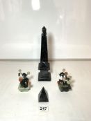 A MARBLE OBELISK 30 CMS, MARBLE PYRAMID WEIGHT AND TWO ORIENTAL SOAPSTONE TREE ORNAMENTS.