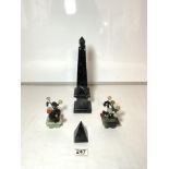 A MARBLE OBELISK 30 CMS, MARBLE PYRAMID WEIGHT AND TWO ORIENTAL SOAPSTONE TREE ORNAMENTS.