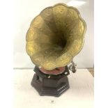 A REPRODUCTION COPY OF A " HIS MASTERS VOICE " WOODEN CASED WIND UP GRAMAPHONE WITH A BRASS