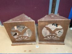 A PAIR OF 1930"S PLYWOOD CUTOUT SPEAKERS AND TWO VINTAGE EAGLE SPEAKERS EACH 37 X 37.