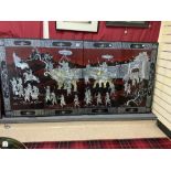 VINTAGE FOUR PANEL BLACK LACQUERED WITH INLAID MOTHER OF PEARL SCENE OF LIFE VIETNAM EACH PANEL 49 X