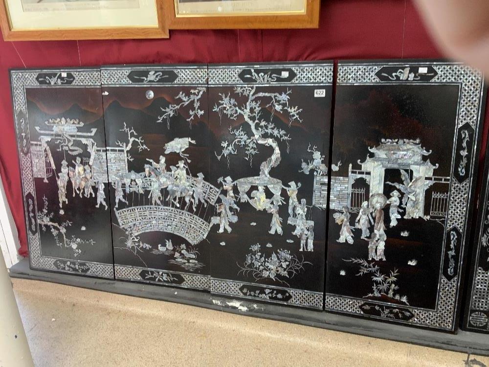 VINTAGE FOUR PANEL BLACK LACQUERED WITH INLAID MOTHER OF PEARL SCENE OF LIFE VIETNAM EACH PANEL 49 X