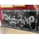 VINTAGE FOUR PANEL BLACK LACQUERED WITH INLAID MOTHER OF PEARL SCENE OF LIFE VIETNAM EACH PANEL 49 X
