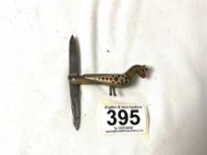 A NOVELTY LEBANON POCKET KNIFE IN THE FORM OF A FIRE BIRD; MADE FROM HORN,; BRASS WITH SPOT INLAID