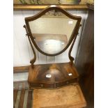 VINTAGE DRESSING MIRROR WITH A SHIELD FRAMED MIRROR AND SERPENTINE BASE WITH TWO DRAWERS IN