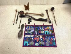 A LARGE WOODEN TRIBAL PIPE, SMALLER PIPE, AN INSTRUMENT, AND OTHER TRIBAL ITEMS.