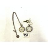 TWO VICTORIAN 925 SILVER LADIES ENGRAVED FOB WATCHES; ONE WITH HALLMARKED SILVER WATCH CHAIN