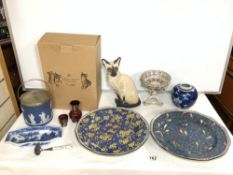 A JASPERWARE BISCUIT BARREL, PAIR OF ROYAL DOULTON PLATES AND A SIAMESE CAT FIGURE ETC.