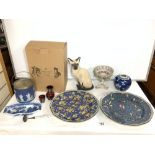 A JASPERWARE BISCUIT BARREL, PAIR OF ROYAL DOULTON PLATES AND A SIAMESE CAT FIGURE ETC.