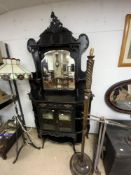 VICTORIAN EBONISED MIRRORED BACK PARLOUR CABINET, WITH CARVED AND MOULDED DECORATION, 120X32X215,