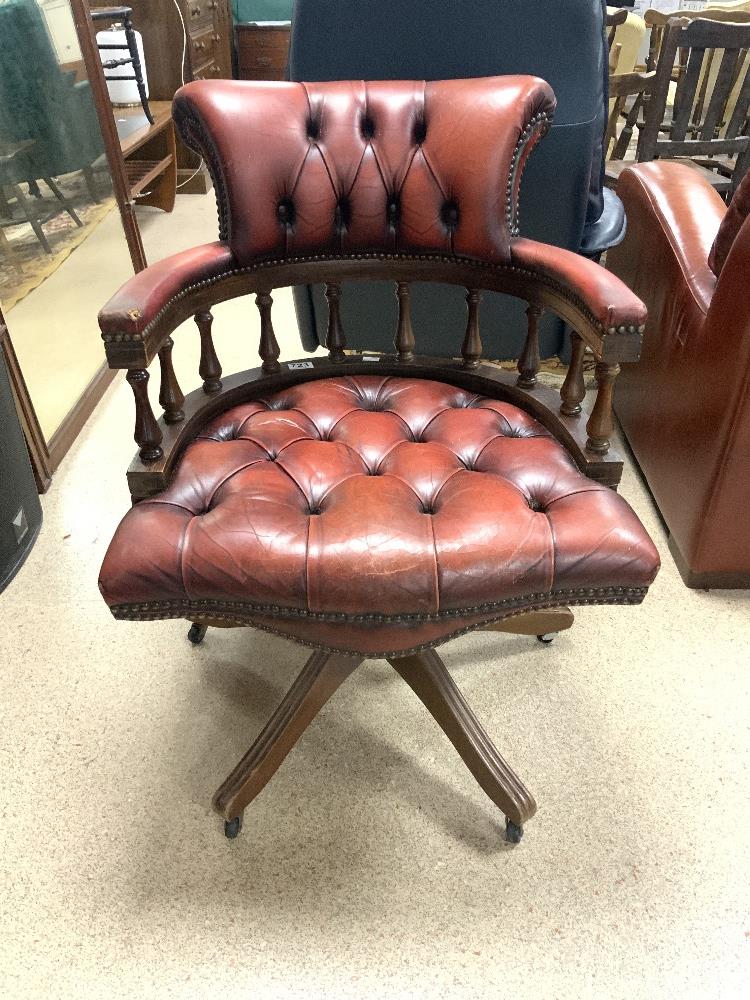 VINTAGE CAPTAINS CHAIR WITH SWIVEL ACTION AND ORIGINAL CASTORS OX BLOOD RED LEATHER - Image 2 of 4