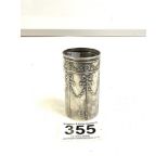 A HALLMARKED SILVER EMBOSSED SWAG DECORATED CYLINDRICAL SCENT BOTTLE LINER; BIRMINGHAM 1906; 19 GMS