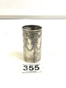 A HALLMARKED SILVER EMBOSSED SWAG DECORATED CYLINDRICAL SCENT BOTTLE LINER; BIRMINGHAM 1906; 19 GMS