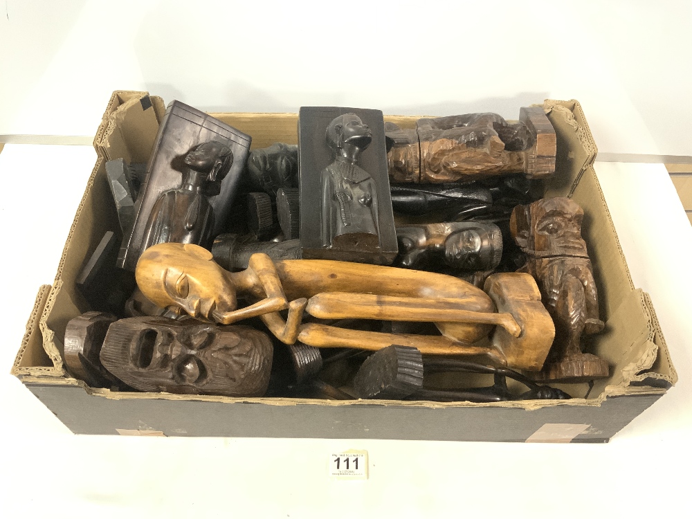 LARGE QUANTITY OF CARVED AFRICAN FIGURES; TRIBAL, INCLUDES BOOK ENDS