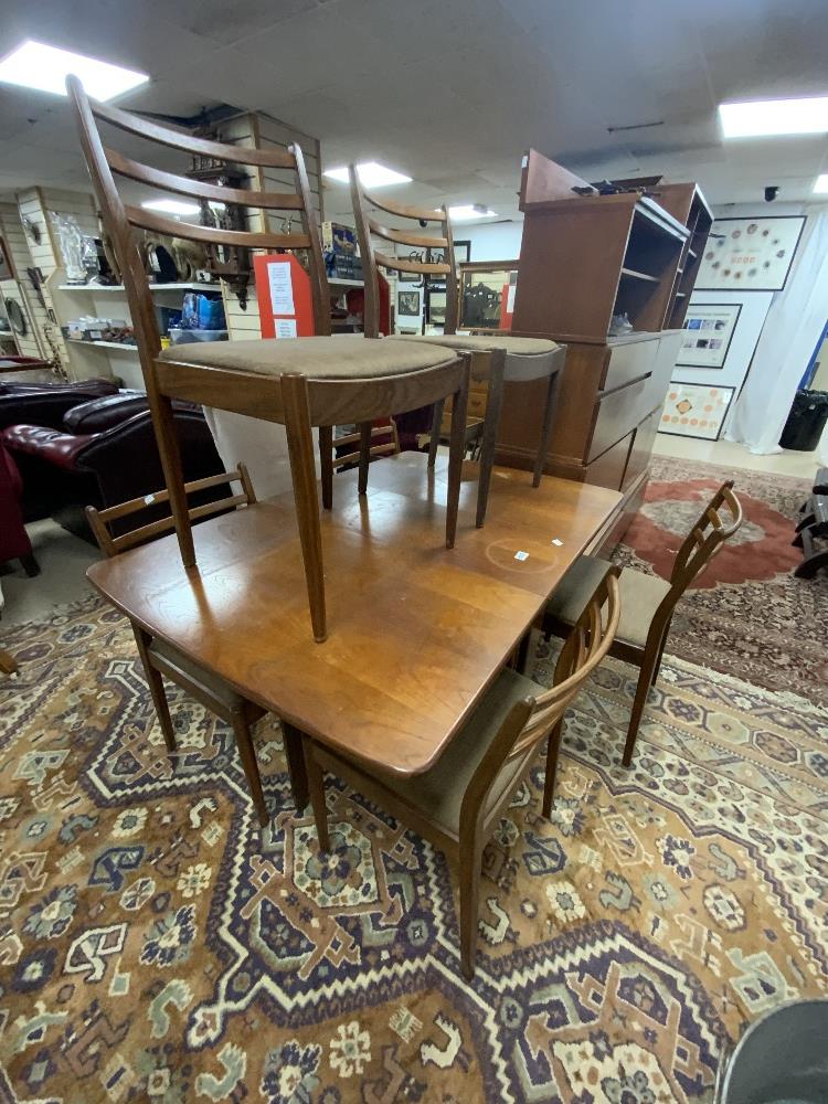 VINTAGE MID-CENTURY TEAK RED LABEL G PLAN DROP LEAF TABLE WITH SIX MATCHING CHAIRS