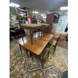 VINTAGE MID-CENTURY TEAK RED LABEL G PLAN DROP LEAF TABLE WITH SIX MATCHING CHAIRS