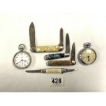 A LIMIT PLATED POCKET WATCH, INGERSOLL POCKET WATCH, AND THREE POCKET KNIVES.