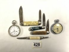 A LIMIT PLATED POCKET WATCH, INGERSOLL POCKET WATCH, AND THREE POCKET KNIVES.