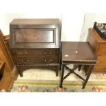A CHIPPENDALE STYLE MAHOGANY BUREAU AND SQUARE OCCASIONAL TABLE, BOTH WITH FRETWORK DECORATION.