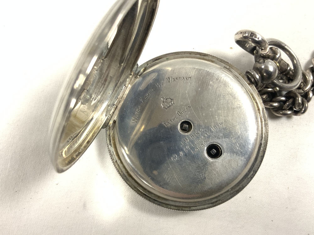 HALLMARKED SILVER FULL HUNTER POCKET WATCH BY J W BENSON ROYAL WARRANT TO THE QUEEN WITH - Image 5 of 7
