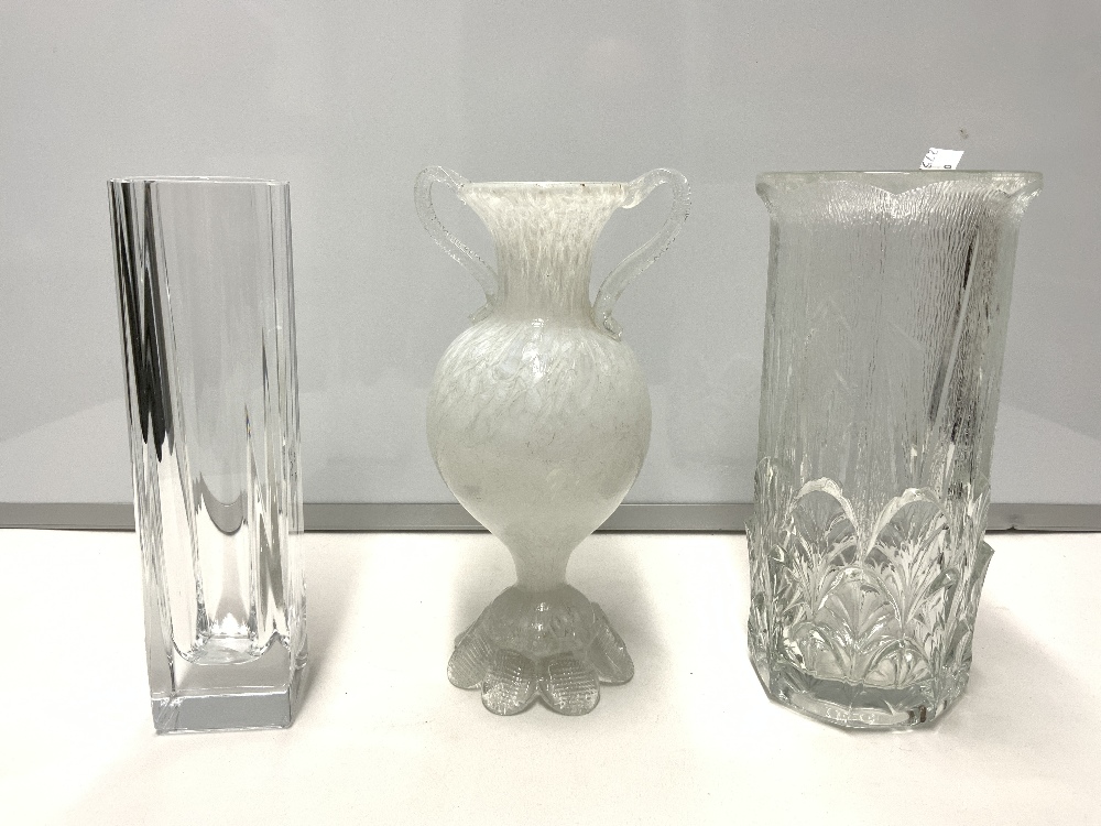 TWO CLEAR GLASS VASES, ONE WITH DECORATION, 25 CMS, AND A SWAN NECK GLASS VASE, A/F. - Image 3 of 4