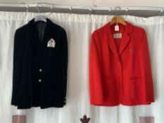 TWO LADIES EQUESTRIAN COMPETITION JACKETS, ONE RED (JERSEY DELUXE) UK SIZE 10/12, ONE BLACK UK