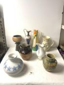 A LLADRO BLUE AND WHITE SQUAT VASE, 17 CMS, A STONEWARE HARVEST JUG WITH INCISED INSCRIPTION, A
