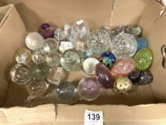 TWENTY SIX DECORATIVE GLASS PAPER WEIGHTS VARIOUS, GLASS CAT AND MORE.