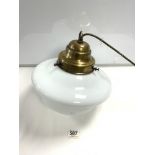 OPAQUE GLASS HANGING LAMP WITH BRASS FITTING, 28 CMS DIAMETER.