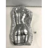 A STONE SILVER PAINTED SCULPTURE OF NUDE BEHIND, 42 CMS.