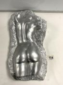 A STONE SILVER PAINTED SCULPTURE OF NUDE BEHIND, 42 CMS.