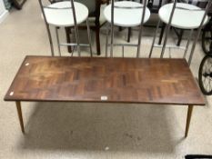 A MID CENTURY PARQUETRY TOP COFFEE TABLE, 130X49